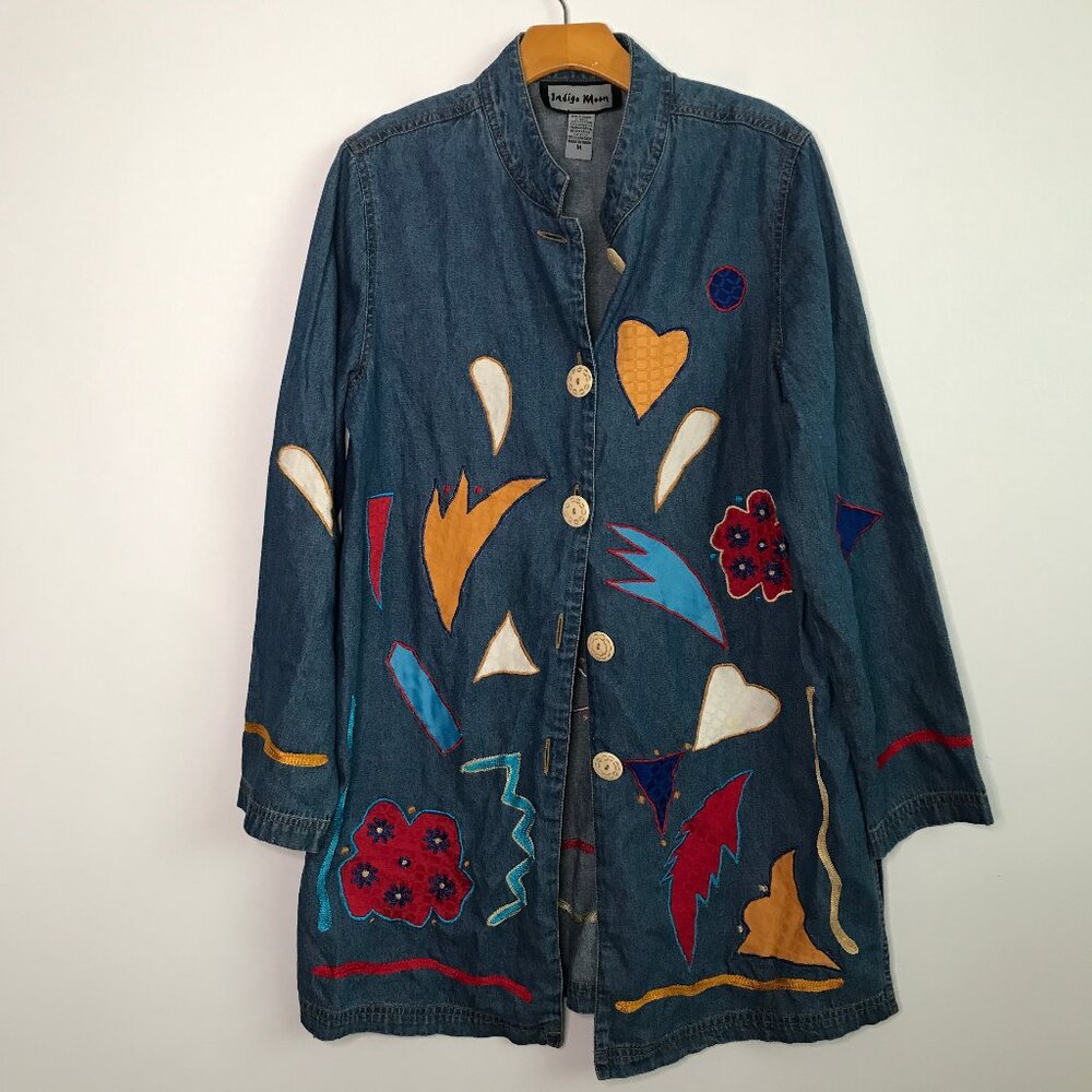 INDIGO MOON WOMENS JACKET BLUE JEAN DENIM BUTTON V NECK PATCHWORK MEDIUM
